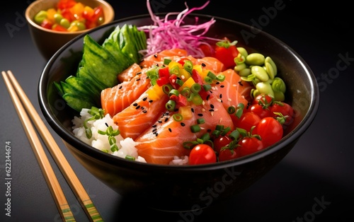 Poke bowl, featuring a variety of fresh diced fish, vibrant vegetables, and a drizzle of flavorful sauce created with Generative AI technology