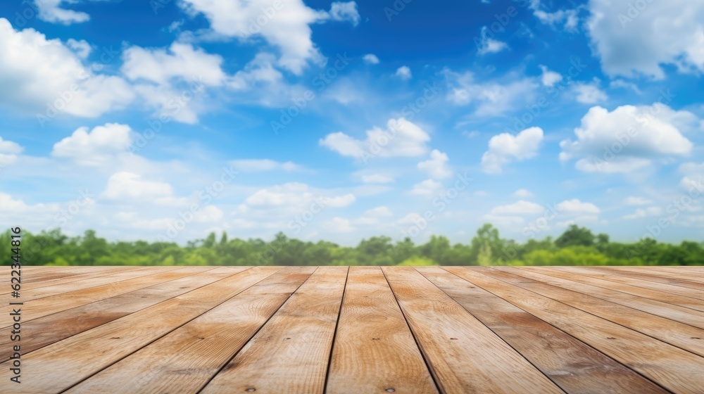Empty wooden table top with blue sky background