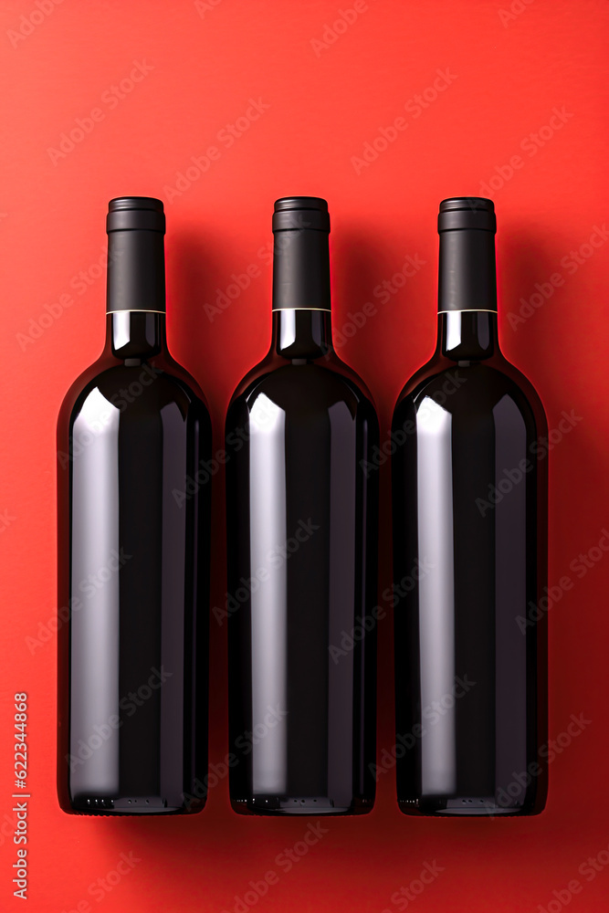 Wine bottles mockup without a label isolated on red background. Add text or logo design. Copy space. Generative Ai Wine bottles mockup without a label isolated on red background. Add text or logo design. Copy space. Generative Ai