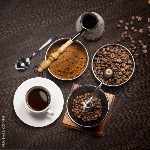 Top view of coffee attributes on a wooden background