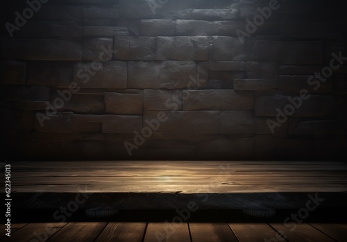 Empty wooden table and brick wall background. Ready for product display montage