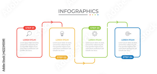 Process business infographic thin line with square template design with icons and 4 options or steps.