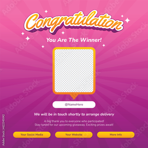 Congratulation giveaway winner announcement for social media, marketing program, or brand activation
