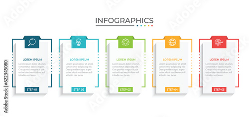 Thin line process business infographic with square template. Vector illustration. Process timeline with 5 options, steps or sections.
