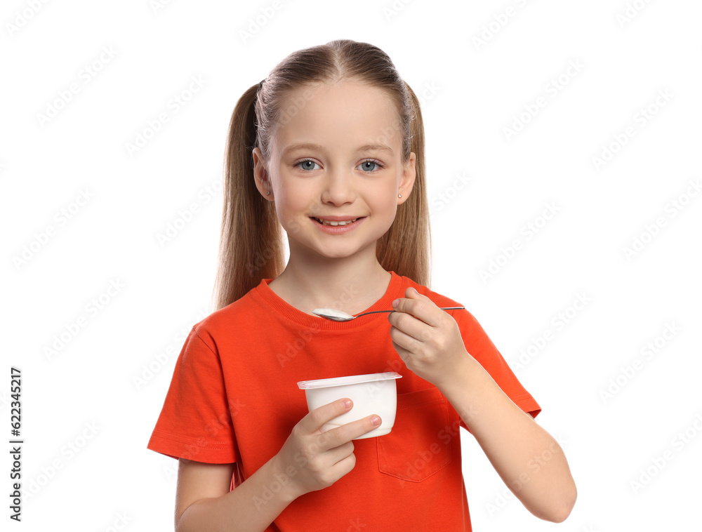 Cute little girl with tasty yogurt on white background Cute little girl with tasty yogurt on white background