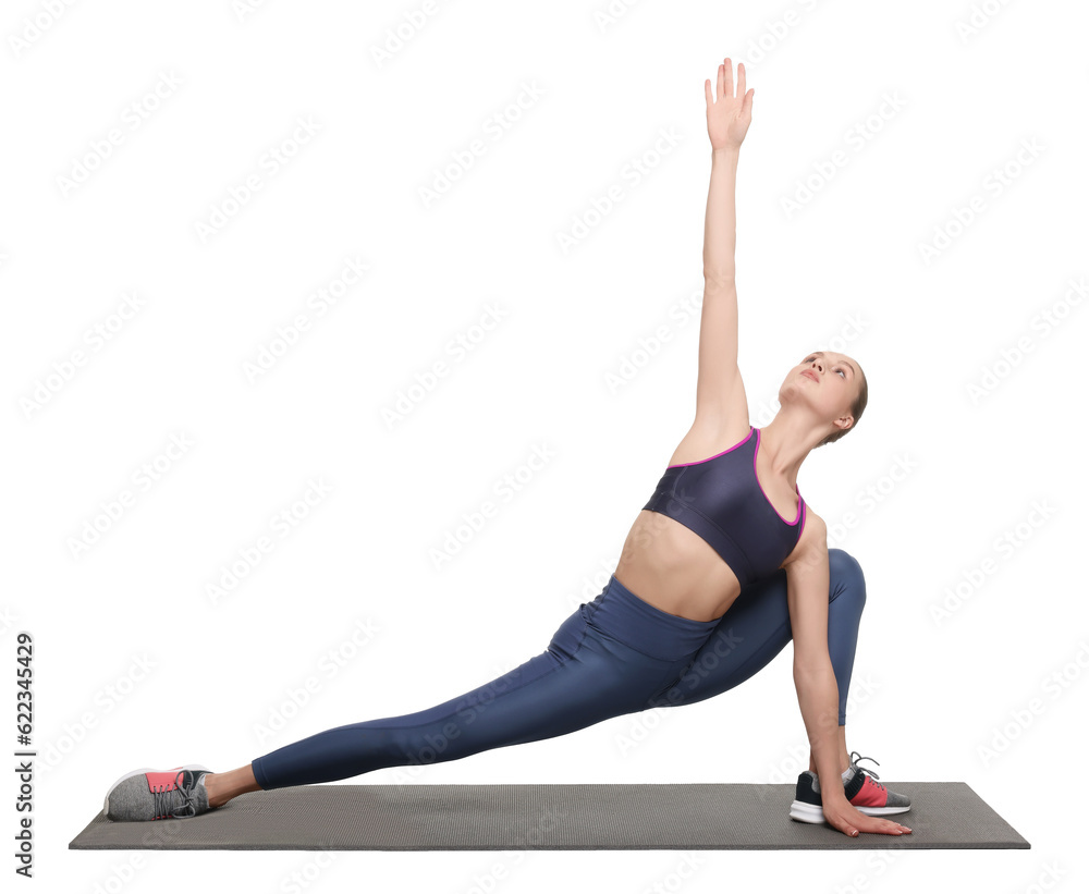 Yoga workout. Young woman stretching on white background Yoga workout. Young woman stretching on white background