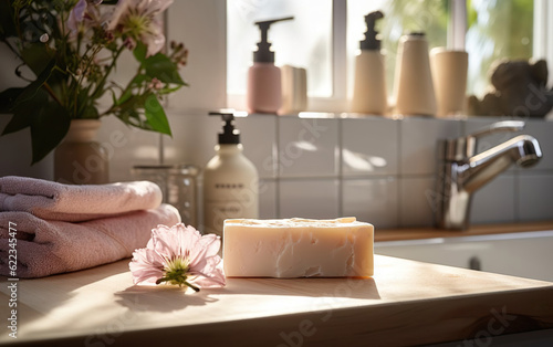 Organic handmade soap bar next to the kitchen sink in a home setting created with Generative AI technology