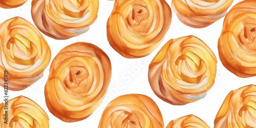 Freshly Baked Sticky Bun Background, Horizontal Watercolor Illustration. Crusty Pastry, Gourmet Bakery. Ai Generated Soft Colored Watercolor Illustration with Aromatic Traditional Sticky Bun.