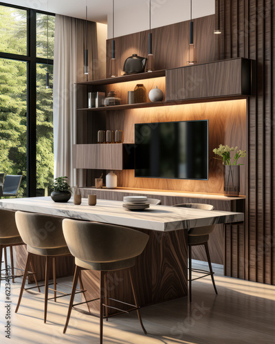 Luxurious wood dining table island with marble top, high chairs, bathed in sunlight from a curtain window, living room—an ideal 3D backdrop for interior decoration and product displays.