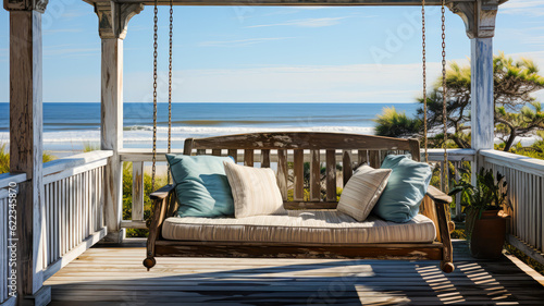 Schaukel auf der Veranda mit Ozean im Hintergrund. Generiert mit KI