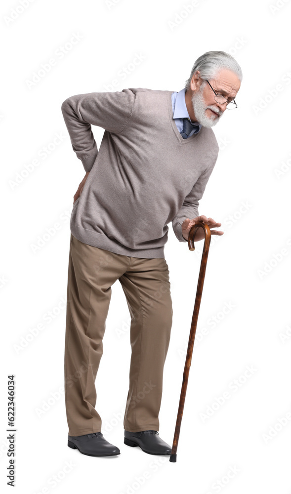 Tired senior man with walking cane on white background Tired senior man with walking cane on white background