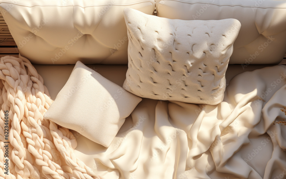 Beige fabric sofa with fluffy cotton blanket and cushions in dappled sunlight, window shadows—an ideal 3D background for interior decoration and product displays. Beige fabric sofa with fluffy cotton blanket and cushions in dappled sunlight, window shadows—an ideal 3D background for interior decoration and product displays.