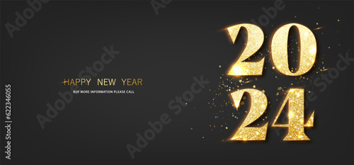 2024 greeting card with gold glitter numbers on dark background. Happy new year and merry christmas flyer or poster design.