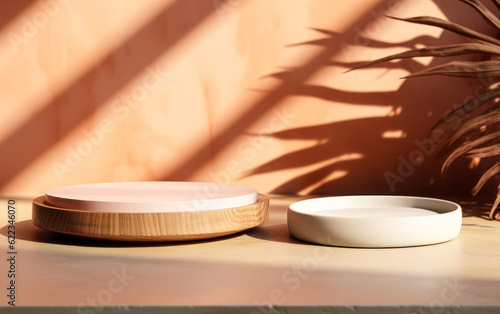 Two wooden trays on white table, sunlight, leaf shadows on brown wall. Great 3D background for beauty, cosmetic, organic, food supplement products.