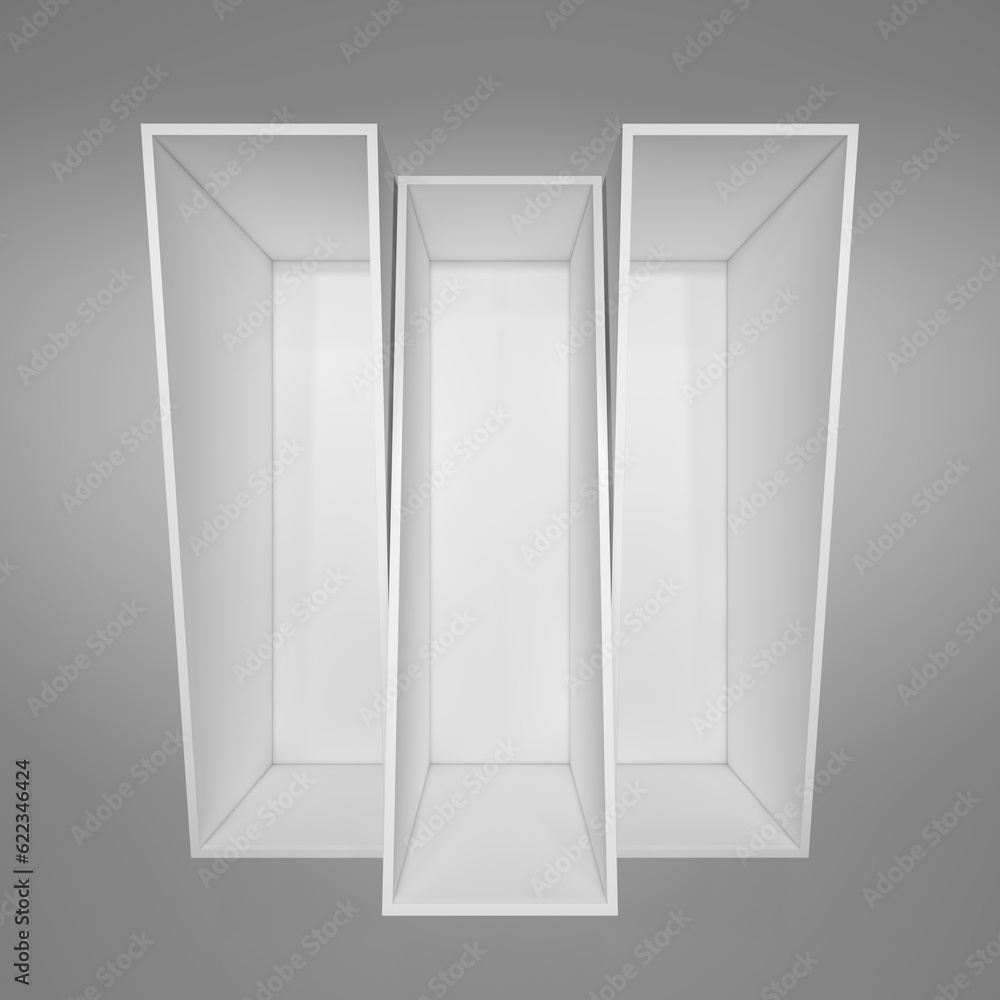 Empty white bookshelf. Grey background. 3D illustration Empty white bookshelf. Grey background. 3D illustration