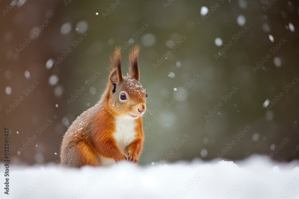 Red squirrel in the falling snow. Cute squirrel sitting in the snow covered with snowflakes. Winter background Red squirrel in the falling snow. Cute squirrel sitting in the snow covered with snowflakes. Winter background