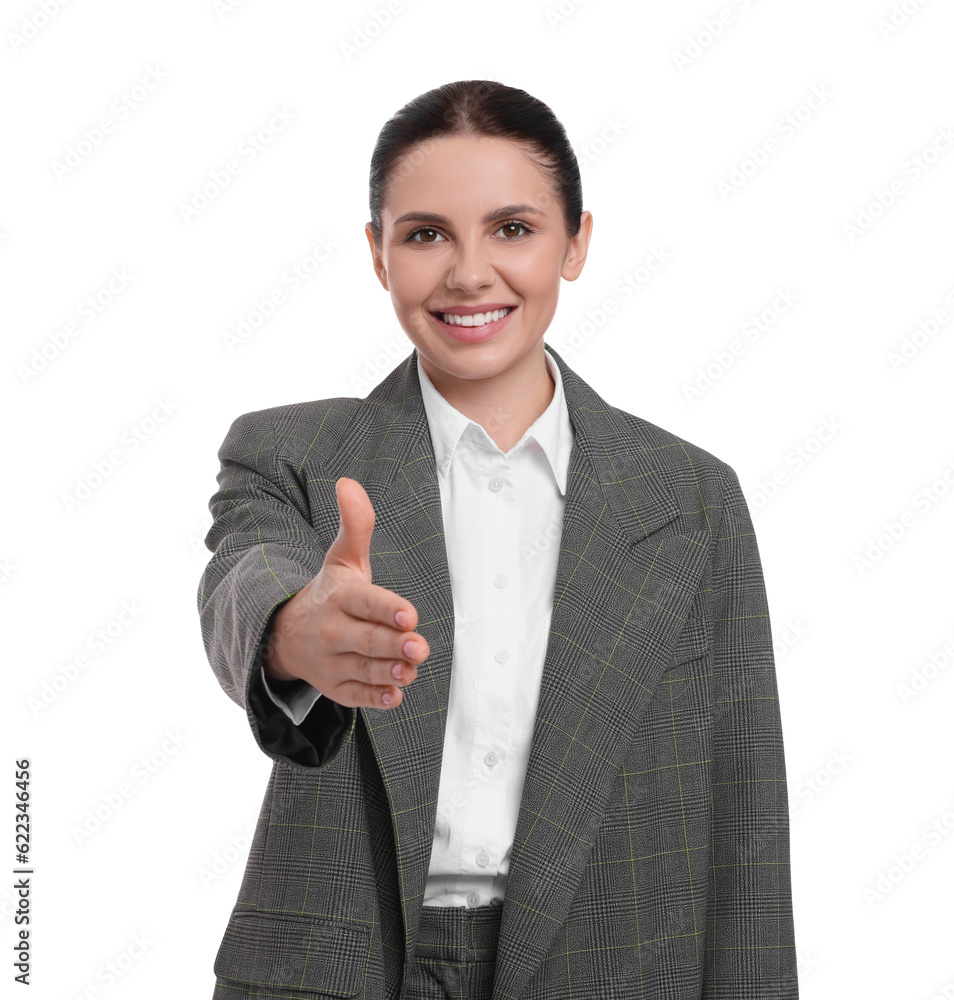 Beautiful happy businesswoman in suit on white background Beautiful happy businesswoman in suit on white background