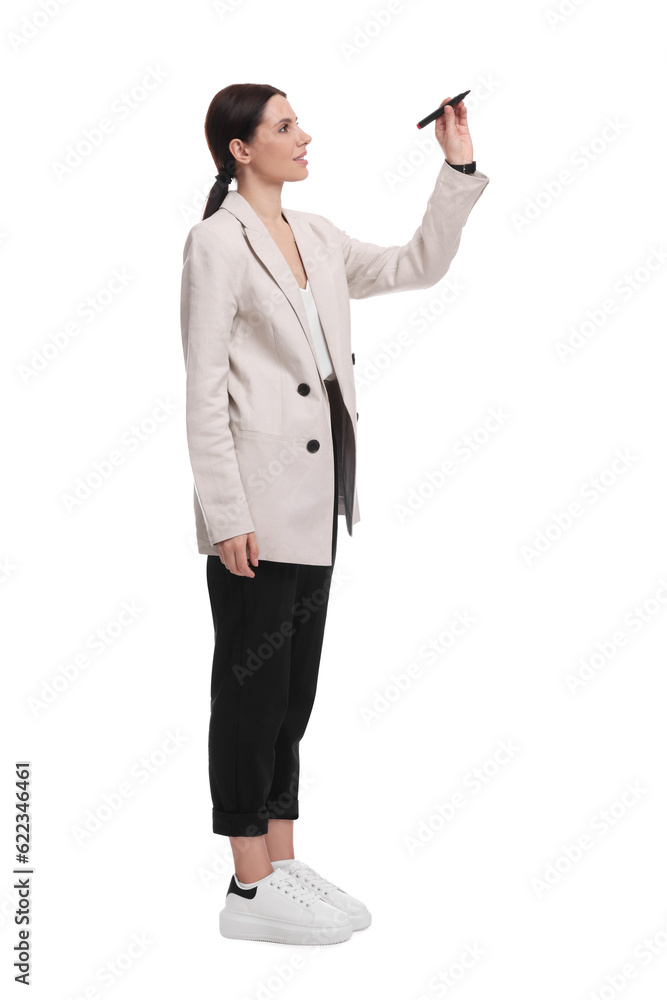 Beautiful businesswoman in suit with marker on white background Beautiful businesswoman in suit with marker on white background