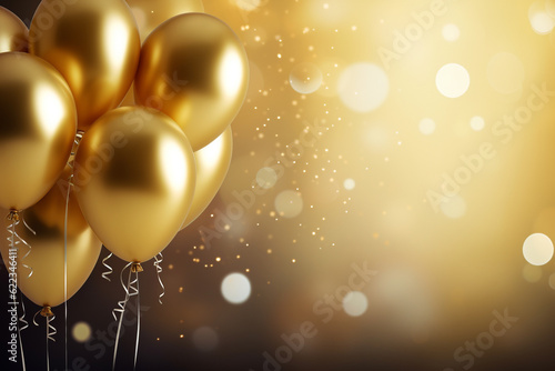 Fotografia Gold balloons with ribbons on bokeh background