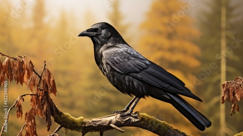 Black crow sitting on a branch in autumn forest. Close up