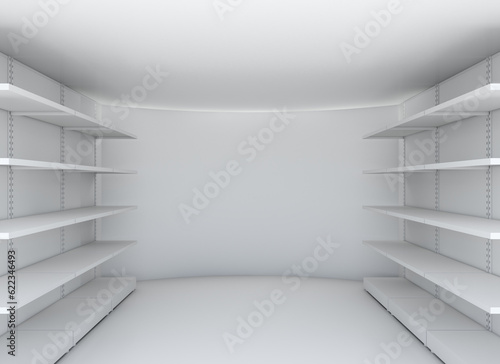 White room with steel shelves. 3D illustration