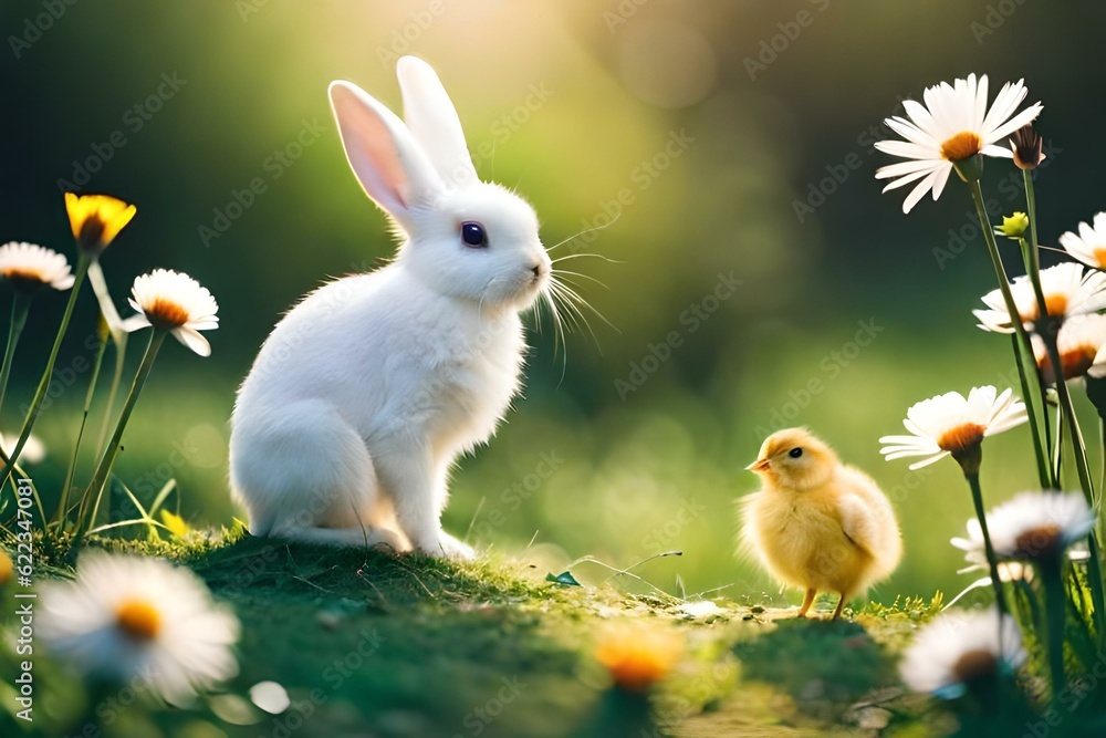 rabit and chick in the garden