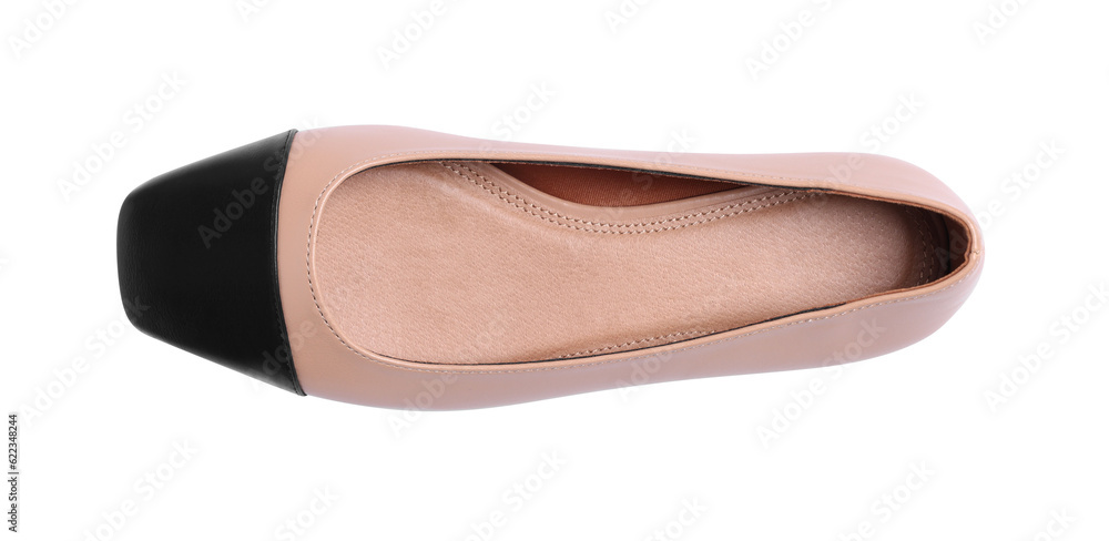 One new stylish square toe ballet flat on white background, top view One new stylish square toe ballet flat on white background, top view