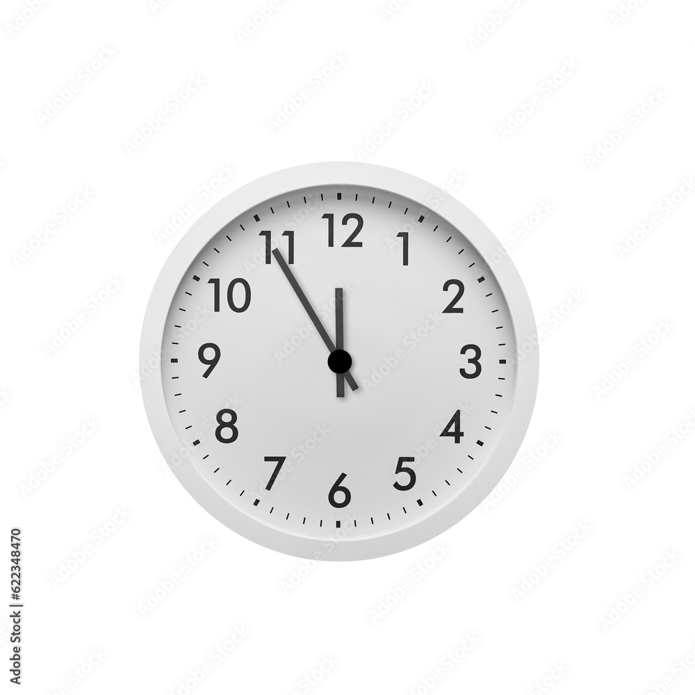 Five minutes to twelve on the clock. Round clock with arrows isolated on white background. Five minutes to twelve on the clock. Round clock with arrows isolated on white background.