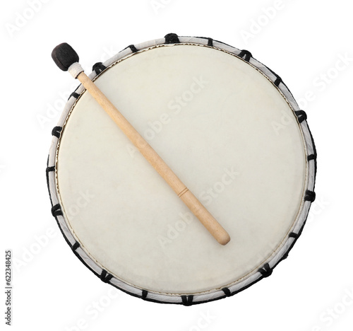 Modern drum with drumstick isolated on white, top view