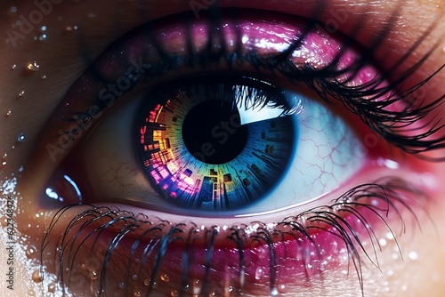 Illustration of a close-up view of a person's colourful eye with intricate details and binary code. Created with Generative AI technology photo
