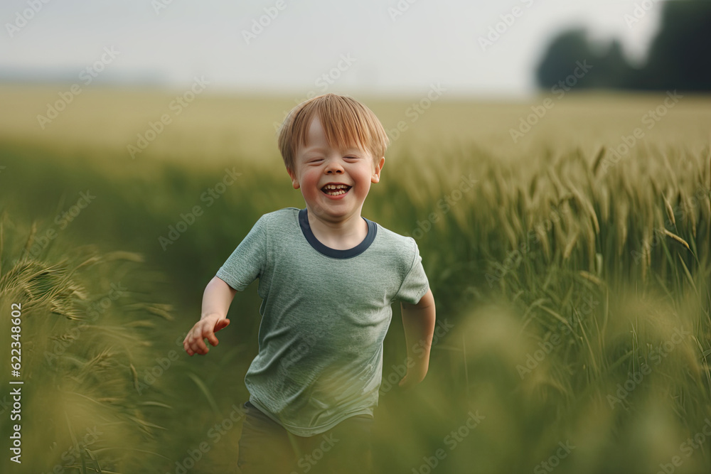 Happy boy with down syndrome in a field. AI generative Happy boy with down syndrome in a field. AI generative