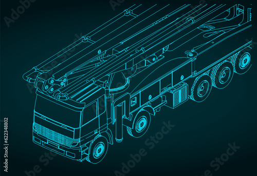 Concrete pump truck isometric blueprint