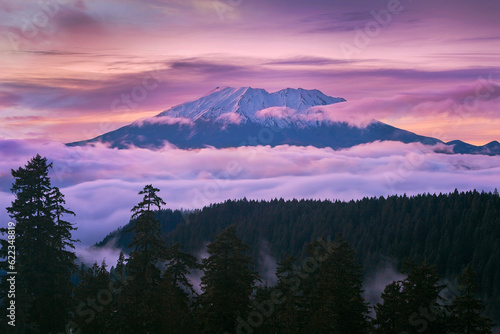 View of Mount St Helens sunset from McClellan Viewpoint in Gifford Pinchot National Forest Washington