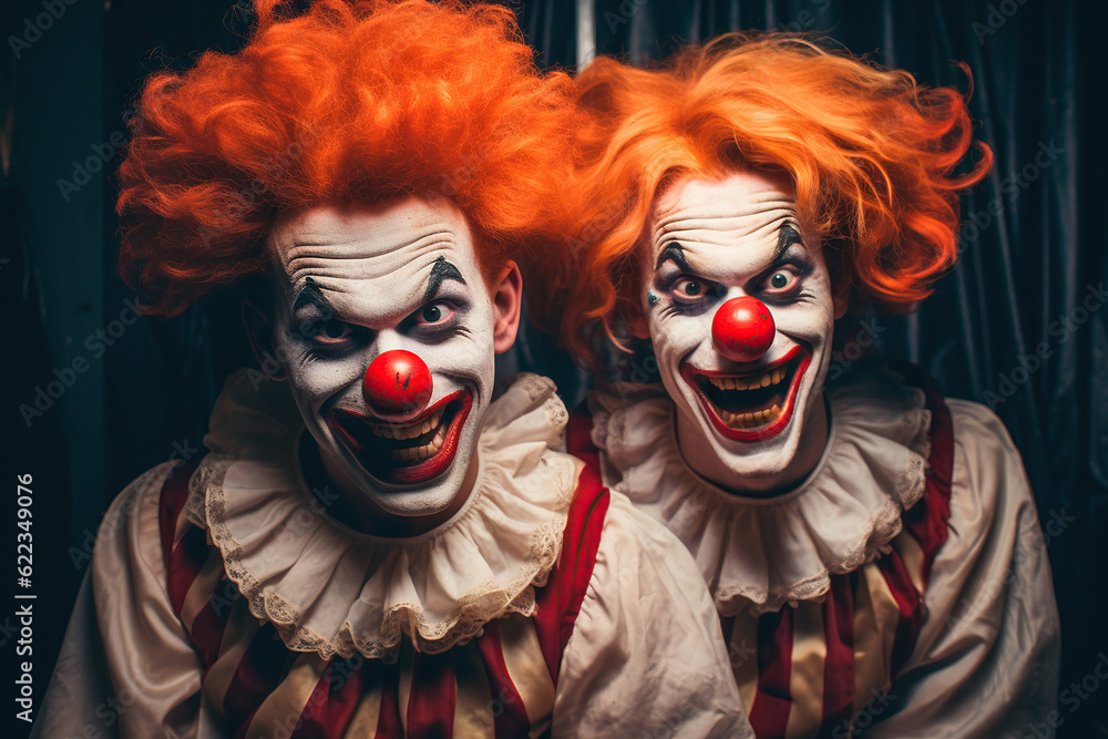 Two young men dressed as clowns at a party on Halloween Two young men dressed as clowns at a party on Halloween