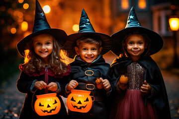 Three kids playing trick-or -treat on Halloween night