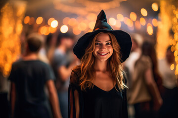 Young woman dressed as a witch at a Halloween party