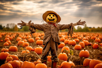 Scary scarecrow in a field full of pumpkins. Halloween concept