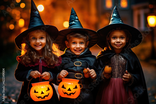 Fotografia Three kids playing trick-or -treat on Halloween night