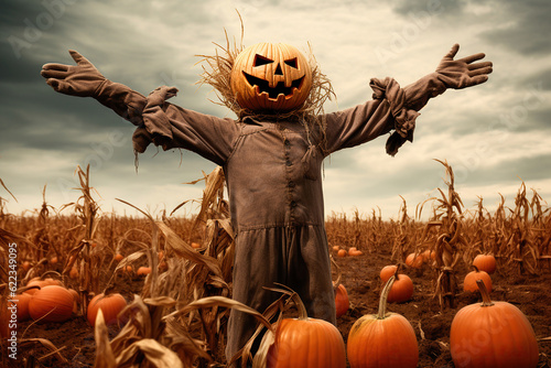 Fototapeta Scary scarecrow in a field full of pumpkins. Halloween concept