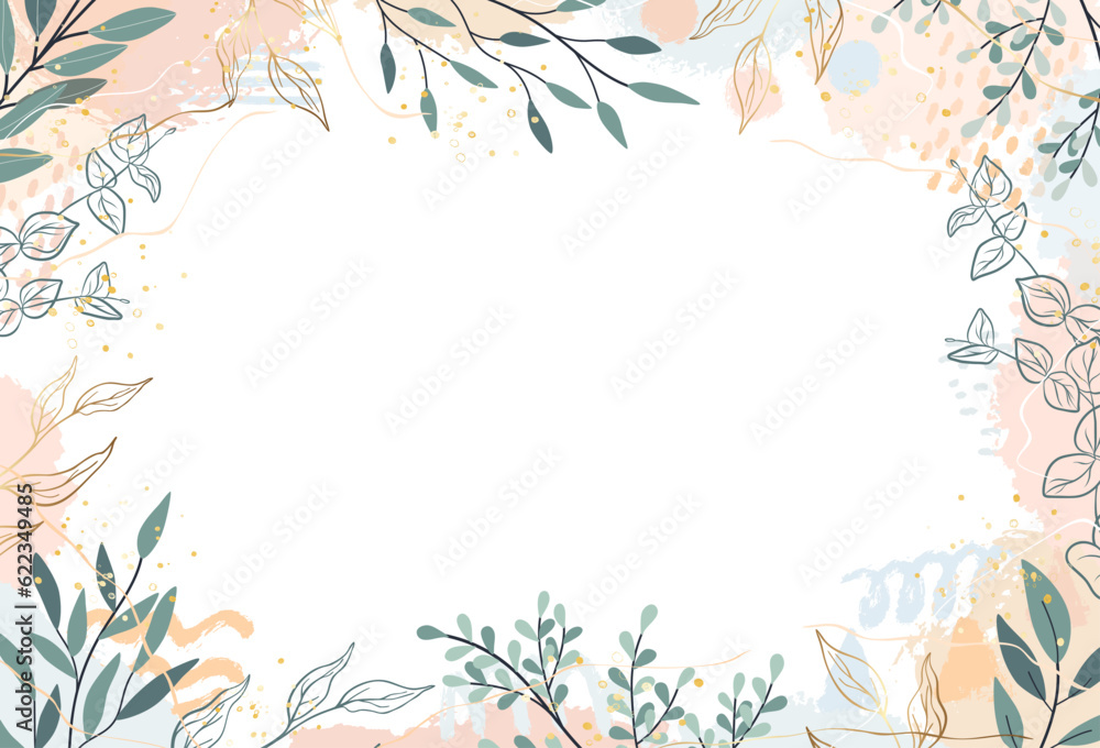 Abstract botanical background with tree branches and leaves in line art. Green and golden leaf, brush, line, splash of paint. Design vector illustration for invitation card, wallpaper, cover, banner Abstract botanical background with tree branches and leaves in line art. Green and golden leaf, brush, line, splash of paint. Design vector illustration for invitation card, wallpaper, cover, banner
