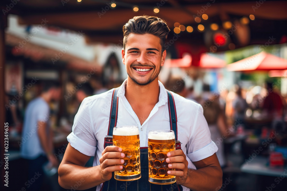 Young and attractive man with a mug of beer at the Oktoberfest