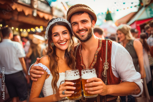 Couple with two beers at Oktoberfest