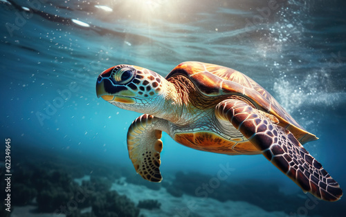 Sea turtle swimming in the ocean created with Generative AI technology