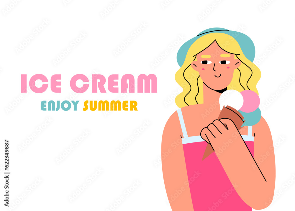 This digital illustration showcases a girl holding an ice cream cone, capturing the essence of a summer concept. The happy her face convey the pleasure of enjoying a refreshing treat on a sunny day. This digital illustration showcases a girl holding an ice cream cone, capturing the essence of a summer concept. The happy her face convey the pleasure of enjoying a refreshing treat on a sunny day.