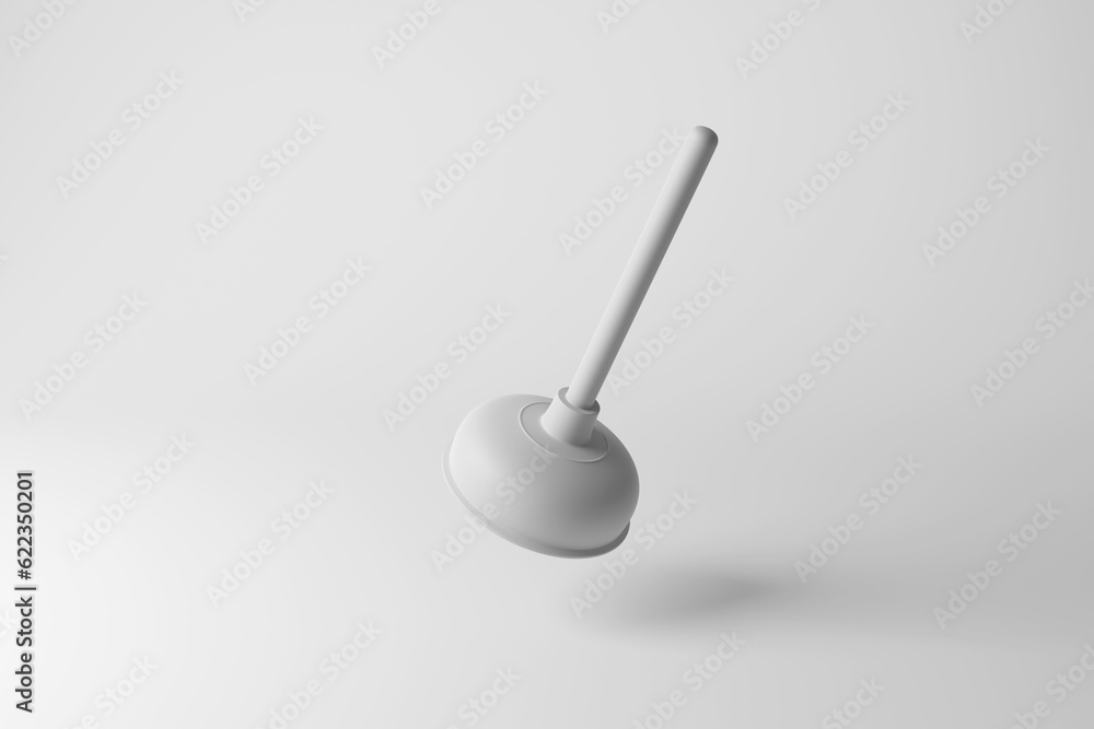 White toilet plunger floating in mid air on white background in monochrome and minimalism. Illustration of the concept of plumbers and blockages in drains and pipes White toilet plunger floating in mid air on white background in monochrome and minimalism. Illustration of the concept of plumbers and blockages in drains and pipes