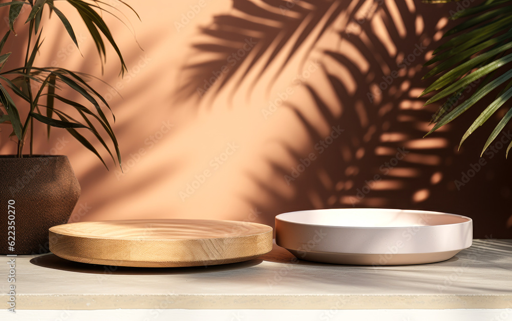 Two wooden trays on white table, sunlight, leaf shadows on brown wall. Great 3D background for beauty, cosmetic, organic, food supplement products. Two wooden trays on white table, sunlight, leaf shadows on brown wall. Great 3D background for beauty, cosmetic, organic, food supplement products.