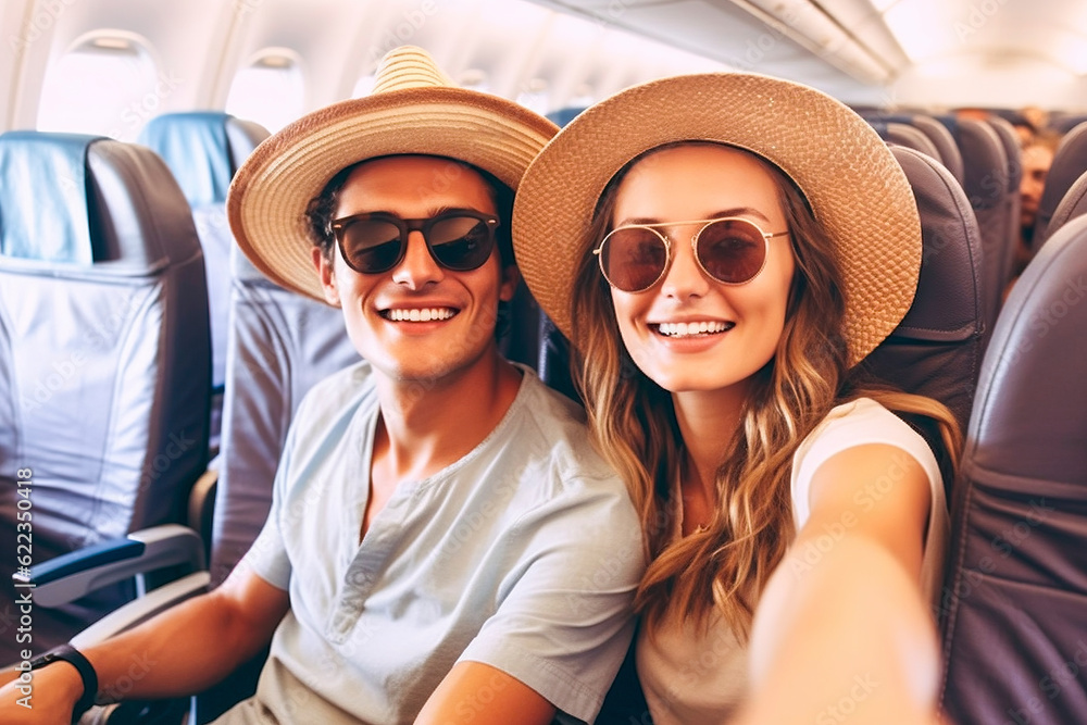 A happy couple in straw hats and sunglasses boarding a plane about to