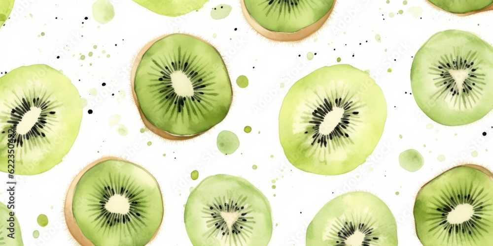 Fototapeta premium Fresh Organic Kiwi Fruit Background, Horizontal Watercolor Illustration. Healthy Vegetarian Diet. Ai Generated Soft Colored Watercolor Illustration with Delicious Juicy Kiwi Fruit.