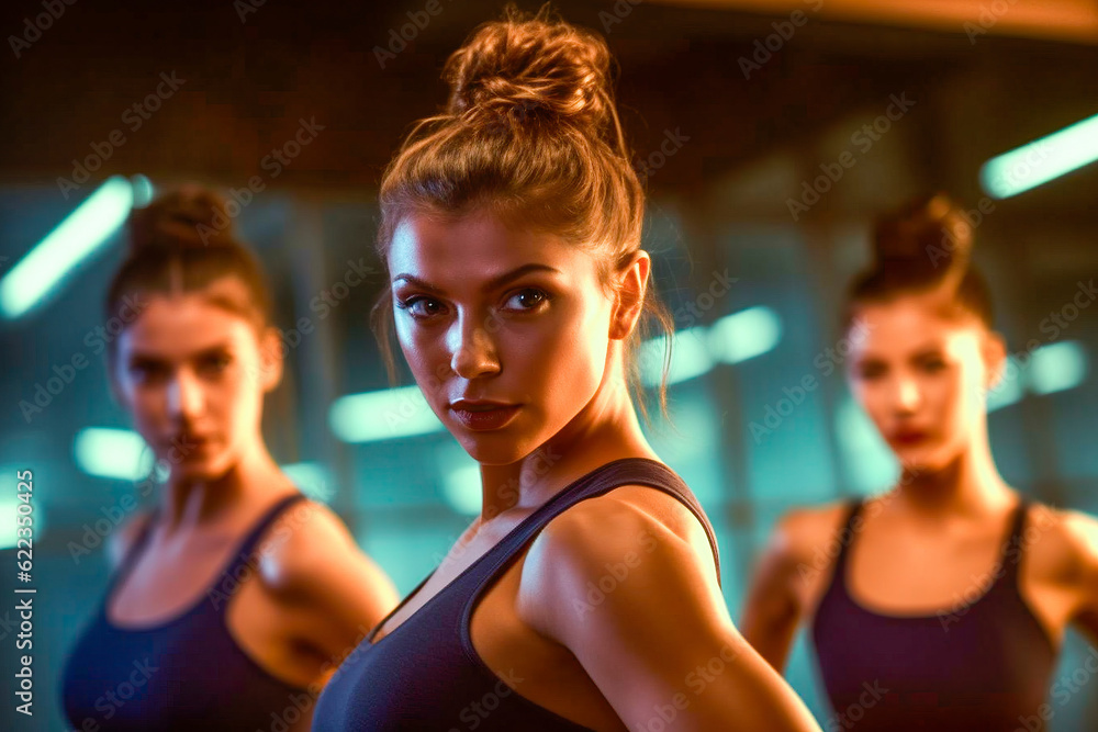 Three healthy girls in a directed exercise in a gym