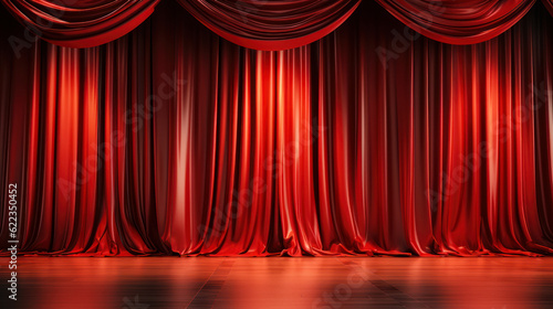 Closed vibrant red satin curtain drapes on a maroon red stage floor with a spotlight from the top—a dynamic 3D background for luxury performances, shows, concerts, theaters, and exhibition events.